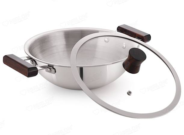 NIRLON Woody Triply Wooden Handle Stainless Steel Cookware Deep Kadhai with Glass Lid Kadhai 24 cm diameter with Lid 2.6 L capacity