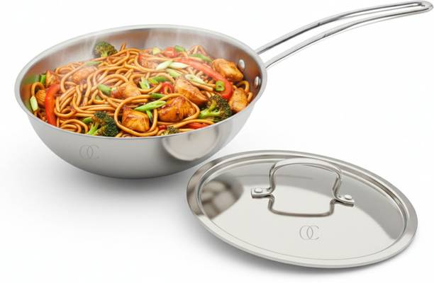 Omichef Primax 22CM(2Ltr) Triply Stainless Steel Wire Handle Wok with Lid 2 L capacity 22 cm diameter