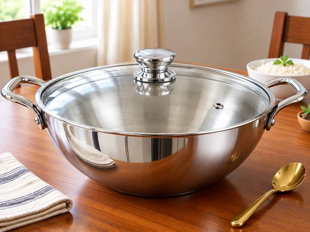 MITHALI Stainless Steel Triply kadai with Glass Lid Kadhai 26 cm diameter with Lid 2.5 L capacity