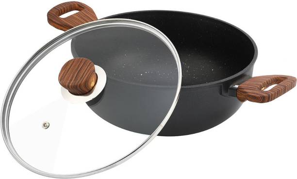 VINOD Vinod Zest Plus Kadai for Cooking / Wooden Finish Handle 24 cm ढक्कन के साथ