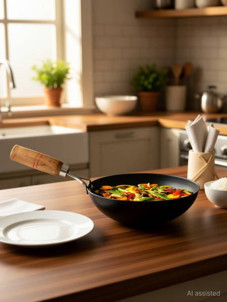 VeerEnterprises Iron/Loha Black Deep Kadai/Wok With Wooden Handle Wok 1 L capacity 20 cm diameter