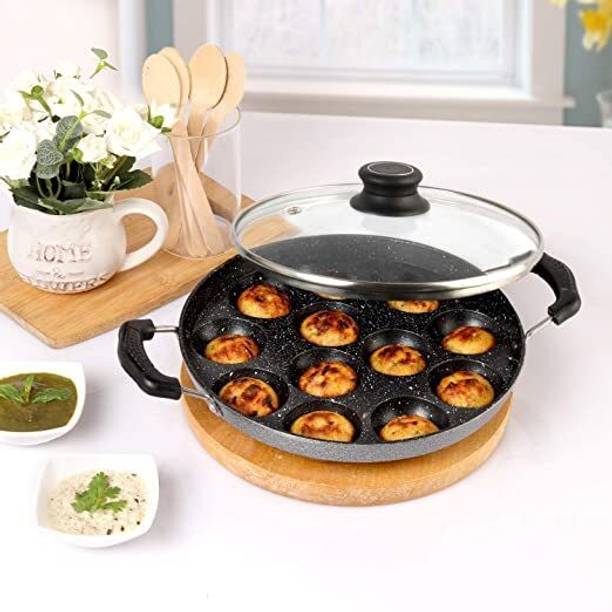 MITHALI 12 Appam Patra Glass lid 1.5 kg Paniarakkal with Lid 1.2 L capacity 22 cm Fry Pan 28 cm diameter with Lid 2.5 L capacity