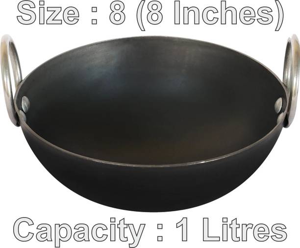 VeerEnterprises MS Pure Iron/Loha Black Kadhai 21 cm diameter 1 L capacity