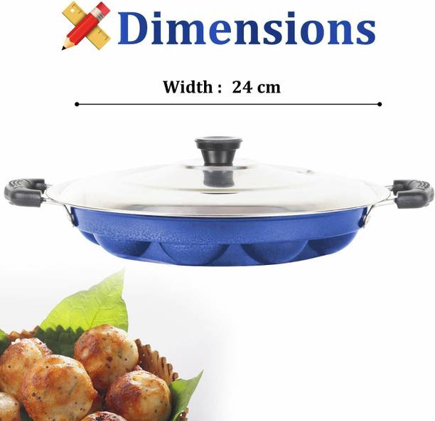 Swarambh Blue Appam Maker 12 cavities Non Stick Aluminium Appe Tawa Appam Pan with Lid Paniarakkal 0.5 L capacity 24 cm diameter