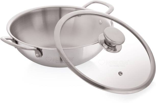 NIRLON Superb Triply Stainless Steel Deep Kadai with Glass Lid|26cm/3.1Ltr Kadhai 26 cm diameter with Lid 3.1 L capacity