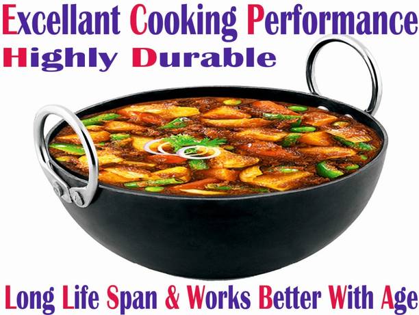 VeerEnterprises Ms Pure Iron / Loha Deep Frying Kadhai 25.5 cm diameter 1.75 L capacity