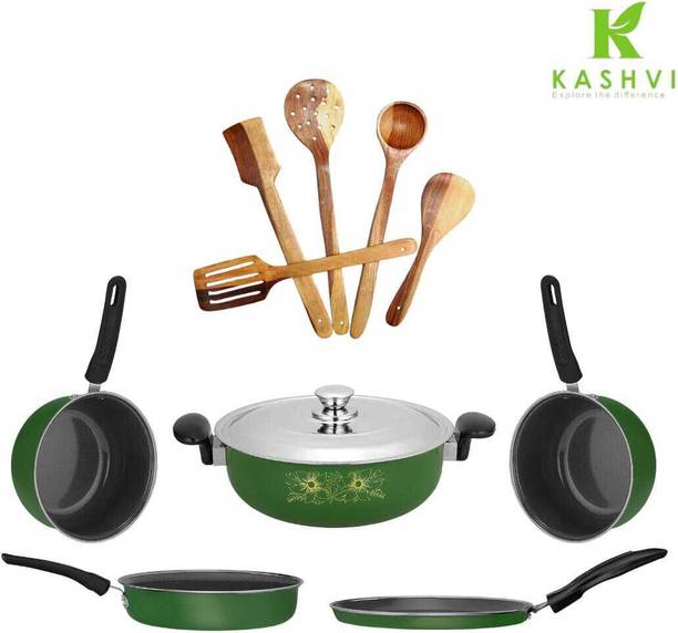 TOLXI Best Kitchen Set Kadahi Fry Pan Tadka Pan Sauce Pan Dosa Tawa 5Wooden Spoons Kadhai 26 cm diameter with Lid 3.5 L capacity