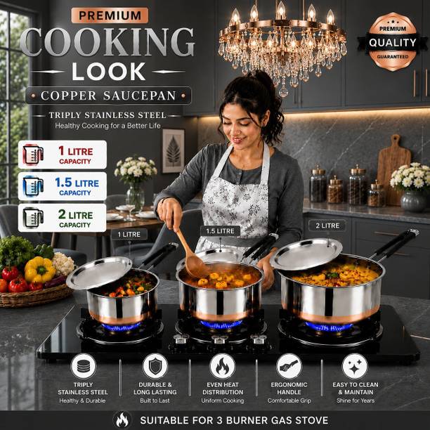FEMEO Stainless Steel Copper Bottom Milk Tea Sauce Pan Set 3 Piece Pot 14 cm, 16 cm, 18 cm diameter 1 L, 1.5 L, 2 L capacity with Lid