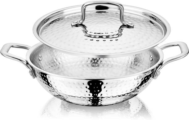 NIRLON Hammered Triply Stainless Steel Deep Kadai/Wok/Kadhai Kadhai 24 cm diameter with Lid 2.6 L capacity