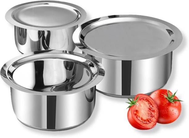 VINOD Tope Set Steel 3Pcs stainless steel tope Set/patila/pateli/bhagona Tope Set 1 L, 1.4 L, 1.8 L capacity 10 cm, 11 cm, 12 cm diameter