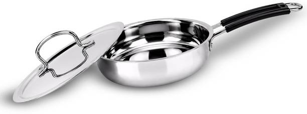 IndiChef Stainless Steel Gas Stove & Induction friendly Fry Pan, Heavy Gauge Steel Frypan Fry Pan 20 cm diameter with Lid 1.25 L capacity