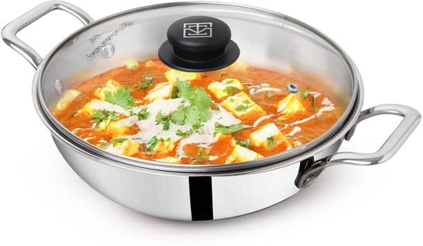 The Indus Valley Triply Stainless Steel Kadai with Glass Lid and Strong handle- 10.2 inch Kadhai 26 cm diameter with Lid 3.5 L capacity