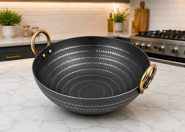 Tannu Craft Hammered Iron Kadhai with Handles | Traditional Kadhai | Black Hammered kadai Kadhai 26 cm diameter 5 L capacity