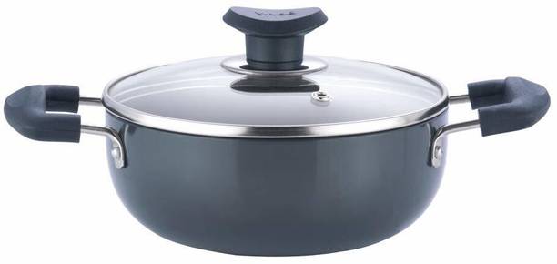 VINOD Black Pearl Hard Anodised Deep Kadai with Glass Lid कढ़ाही 24 cm ढक्कन के साथ