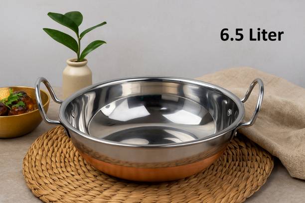 VS Enterprises Copper Bottom Stainless Steel Kadhai Pot Pans with Handle Kadhai 32 cm diameter 6.5 L capacity