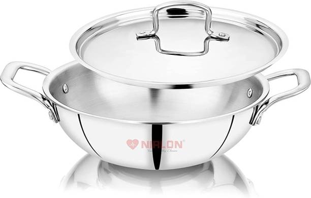 NIRLON Smart Triply Stainless Steel Deep Kadai with Stainless Steel Lid 24cm Kadhai 24 cm diameter with Lid 2.6 L capacity