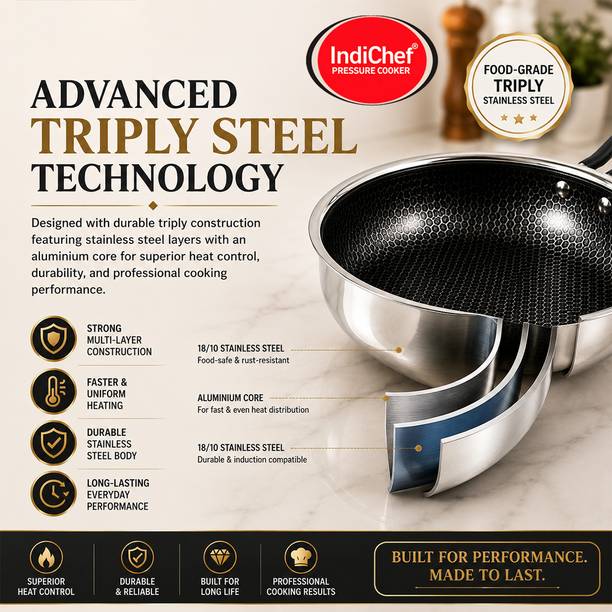IndiChef Honeycomb Triply Stainless Steel Fry Pan | Heavy-Duty Base, Healthy Cooking Fry Pan 18 cm diameter 1 L capacity
