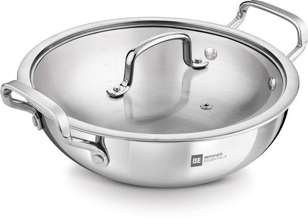 BERGNER BE Essentials Girisha Triply Stainless Steel Kadhai 28 cm diameter with Lid 5 L capacity