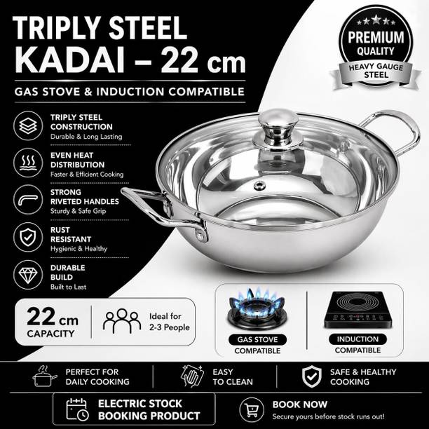 Red Robin Heavy Gauge Triply Steel Kadai 22 cm | Gas Stove & Induction Base Compatible Kadhai 22 cm diameter with Lid 2 L capacity