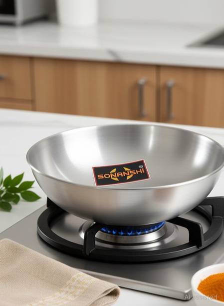 Sonanshi Aluminium Kadhai/Pan without Handle for Cooking Kadhai 22.87 cm diameter 1.4 L capacity