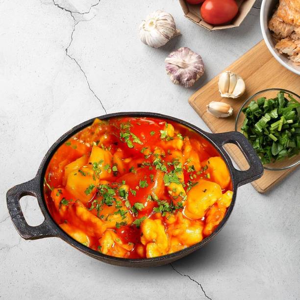 Solara Pre seasoned Cast Iron Kadai Wok model With Flat handle - 10 inch Kadhai 25 cm diameter 2.3 L capacity