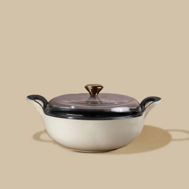 CUMIN CO. CUMIN CO. Cast Iron Kadai with Lid | 3L| Induction Base Cookware |White Kadhai 26 cm diameter with Lid 3.2 L capacity