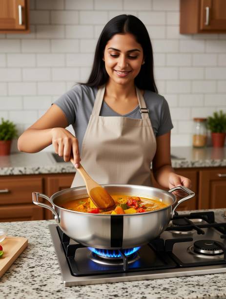 The Indus Valley Triply Stainless Steel Kadai with Strong Double Handle - 10.2 inch Kadhai 26 cm diameter 4 L capacity
