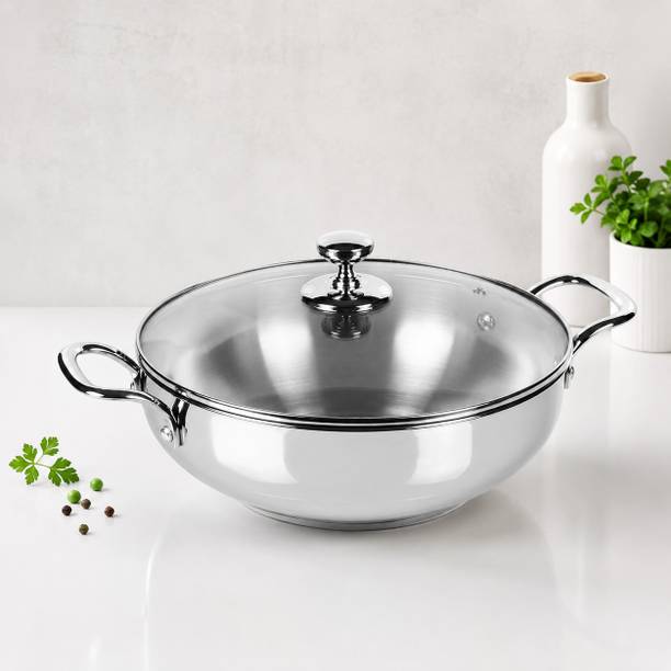 MITHALI 2L Stainless Steel kadhai with Glass Lid 24 cm ढक्कन के साथ