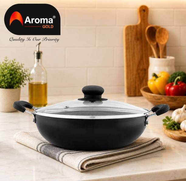 AROMAGOLD Premium Granite Deep with Toughened Glass Lid Non Stick Kadhai 26 cm diameter with Lid 3 L capacity