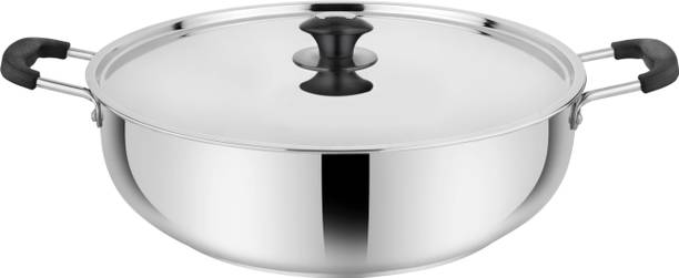 PRABHA Stainless Steel Induction Base Flat Bottom Kitchen Kadhai, Kitchen Wok, Silver Kadhai 26 cm diameter with Lid 4 L capacity