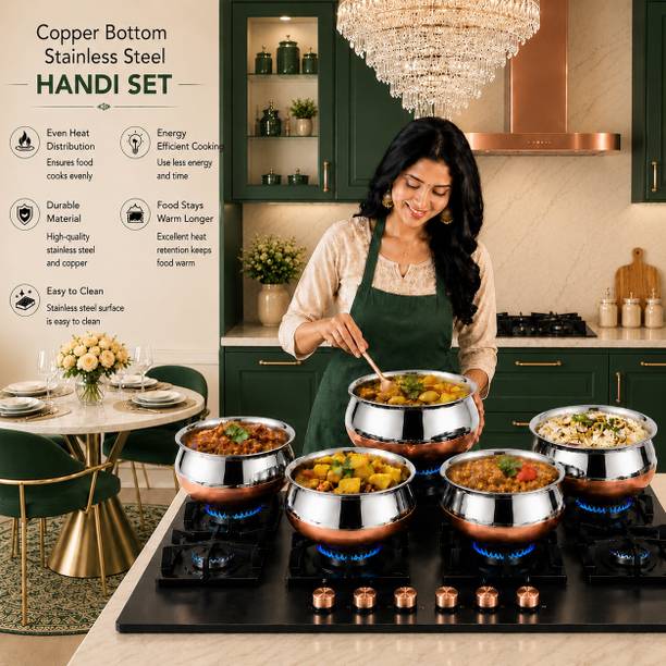 Red Robin Steel Handi Set Copper Bottom Kitchen Essentials Handi 0.5 L, 0.75 L, 1 L, 1.5 L, 2 L