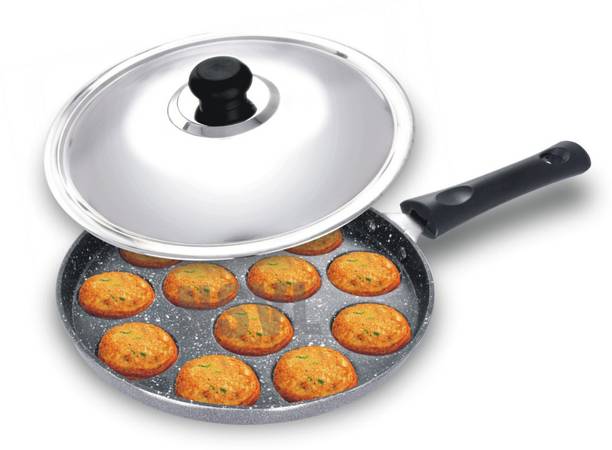 NSVL Appam Patra with 12 Cavity Heavy Duty Aluminum | Single Handle| Litti Maker ढक्कन के साथ