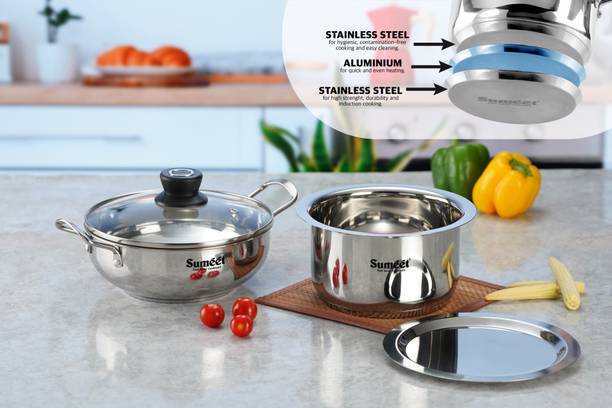 Sumeet Stainless Steel Induction Bottom Gas Stove & Induction Friendly 4PC Cookware Set Induction Bottom Cookware Set