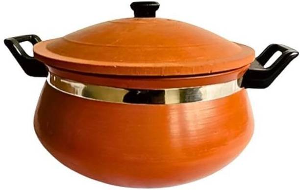 Mitti Mahal Clay Handi Cooking Pot with Lid | Traditional Mitti Kadhai with Steel Rim Kadhai 24 cm diameter with Lid 1.2 L capacity