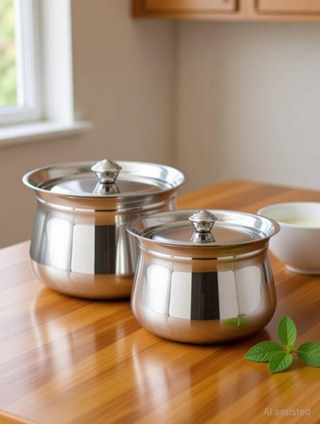 AadiVeer 20G Stainless Steel Handi | Milk Pot | Steel Pot | Dahi Handi With Lid Pot 11 cm, 12 cm diameter 0.4 L, 0.7 L capacity with Lid