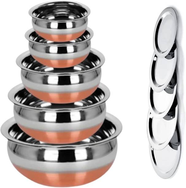 MKIU Stainless Steel Copper Bottom Handi, Cooking Serving Bowl, With LID of 5Piec Induction Bottom Non-Stick Coated Cookware Set