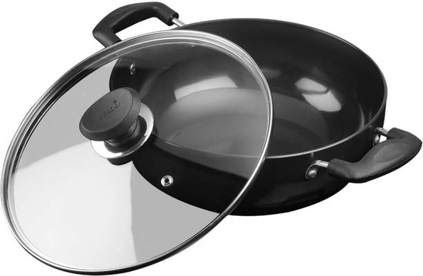 VINOD Black Pearl Hard Anodised Deep Kadai with Glass Lid Kadhai 20 cm diameter with Lid 2.1 L capacity