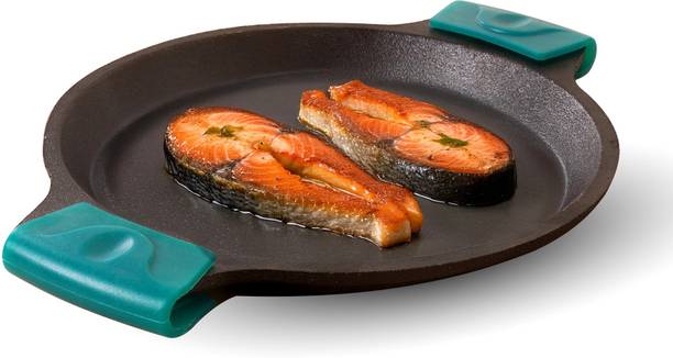 The Indus Valley Pre-Seasoned Cast Iron Fish Fry Pan with Double handle silicone grip - 9.8 inch Fry Pan 25 cm diameter 0 L capacity