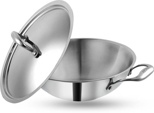 VINOD Platinum Triply Stainless Steel Kadai with Stainless Steel Lid Kadhai 26 cm diameter with Lid 3.7 L capacity