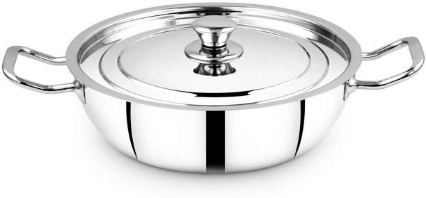 THANGAM Stainless Steel Induction Kadhai with Lid & Handle 2.8L Non Stick Kadai Cooking Kadhai 24 cm diameter with Lid 2800 L capacity