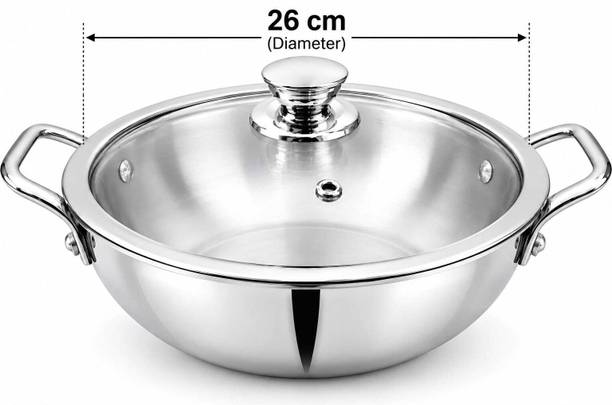 Mainsa Triply Kadhai with Glass Lid Steel Kadhai 26 cm diameter with Lid 3 L capacity