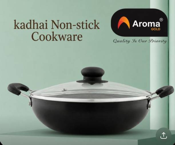 AROMAGOLD Heavy gauge Granite Marble Finish Spetter Deep Fry Kadhai / Kadai With Glass Lid Kadhai 26 cm diameter with Lid 3 L capacity