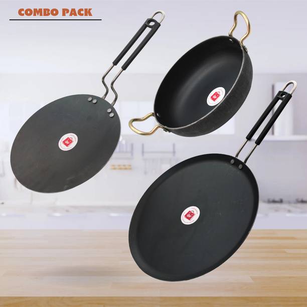 LAZYwindow Iron Tawa And Deep Bottom Kadhai Combo Pack Tawa 25 cm diameter