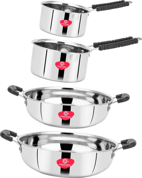 CENTURA Stainless Steel 4pcs Combo Kadai(1.5L),Kadai(2L),Pan(0.8L),Pan(1L) Cookware Set Kadhai 21.5 cm, 23.5 cm, 14 cm, 15 cm diameter 1.5 L, 2 L, 0.8 L, 1 L capacity