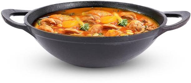 The Indus Valley Pre-seasoned Cast Iron Kadai with Curved Handle - 8inch Kadhai 20.3 cm diameter with Lid 1.4 L capacity