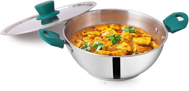The Indus Valley Stainless Steel 3-layer Bottom Kadai with Bakelite Handle - 10.6 inch Medium Kadhai 27 cm diameter with Lid 3.5 L capacity