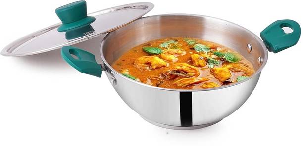 The Indus Valley Stainless Steel 3-layer Bottom Kadai with Bakelite Handle - 11.5 inch Large Kadhai 29.3 cm diameter with Lid 4.6 L capacity