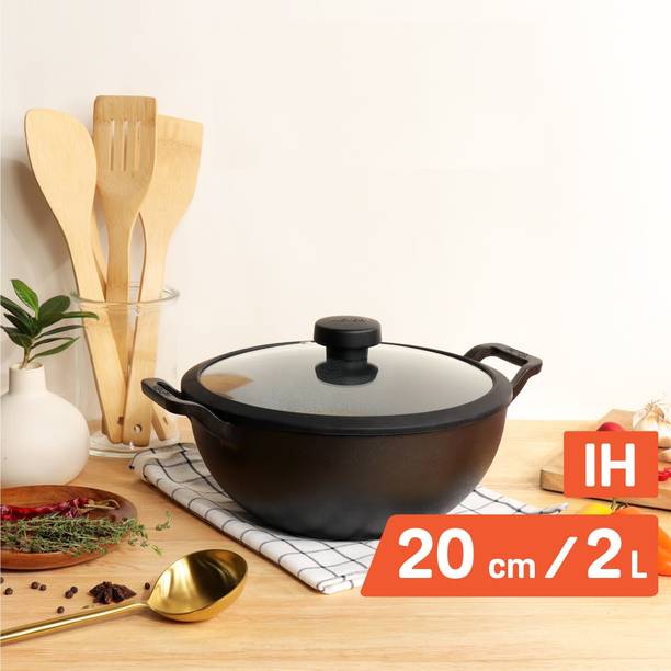 Meyer Pre Seasoned Cast Iron Kadai|Iron Kadhai with Lid for Cooking and Deep Frying कढ़ाही 20 cm ढक्कन के साथ
