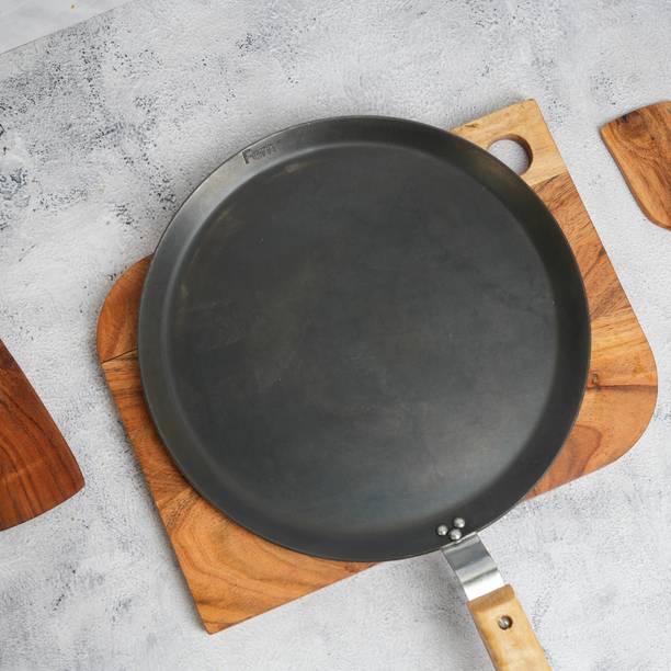 Femora Iron Flat Tawa with Strong Wooden Handle Black 100% Toxin-Free Tawa 30 cm diameter