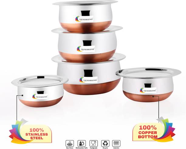MKIU 5 Pic Handi Copper Vegetable Bowl ,Cooking Dinner Table Serving Biryani Pot Handi 1.5 L, 1.1 L, 0.8 L, 0.6 L, 0.4 L with Lid